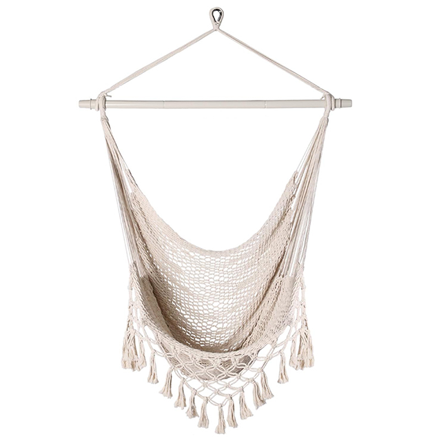ハンモックチェア耐荷重330ポンド、大型ハンギングチェア、高耐荷重金属棒付きソフトコットンロープスイングチェア屋内屋外庭庭リビングルーム使用
