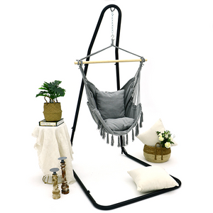 កៅអីព្យួរទ្វេដងពណ៌ប្រផេះ Macrame Boho Handmade Swing Indoor Outdoor Patio Yard Garden Porch ចំណុះ 330lbs ជាមួយនឹងខ្នើយពីរ